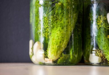 Baharat ve otlar bir kavanoza salatalık turşusu yakın çekim