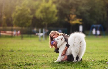 Güzel kız yürüyüş sırasında açık Samoyed köpekle oynamayı