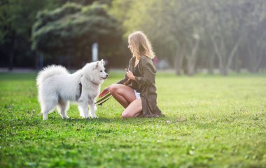 Güzel kız yürüyüş sırasında açık Samoyed köpekle oynamayı