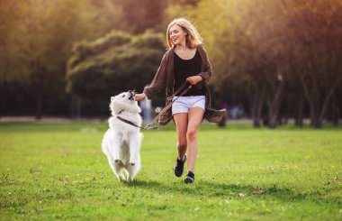 Oynama ve parkta samoyed köpek ile çalışan güzel kız