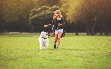 Oynama ve parkta samoyed köpek ile çalışan güzel kız
