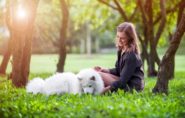Samojeed hond met haar eigenaar in het park spelen samen — Stockfoto