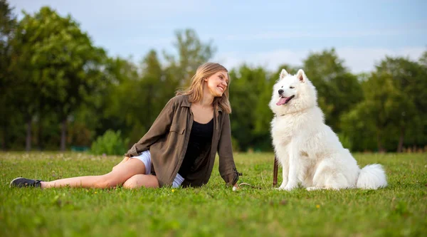 Vacker kvinna med hund spelar på park — Stockfoto
