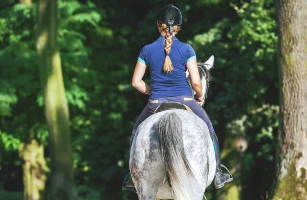 Kobieta jeździec koń jazda w pobliżu lasu, Amazonka sport wear — Zdjęcie stockowe