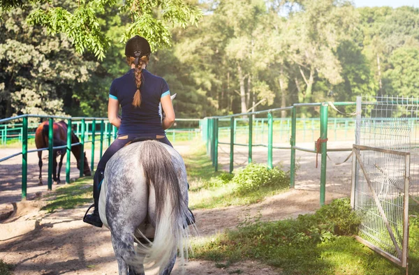 Mujer jinete en la escuela de equitación. Jockey y caballos — Foto de Stock