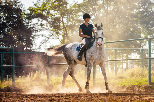 Woman riding a horse in dust on paddock