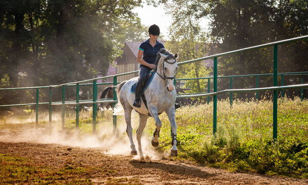 Woman riding a horse in dust on paddock