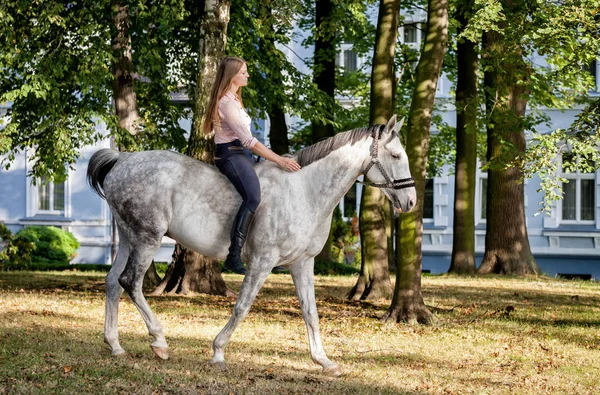 Žena na koni v lese nebo v parku — Stock fotografie