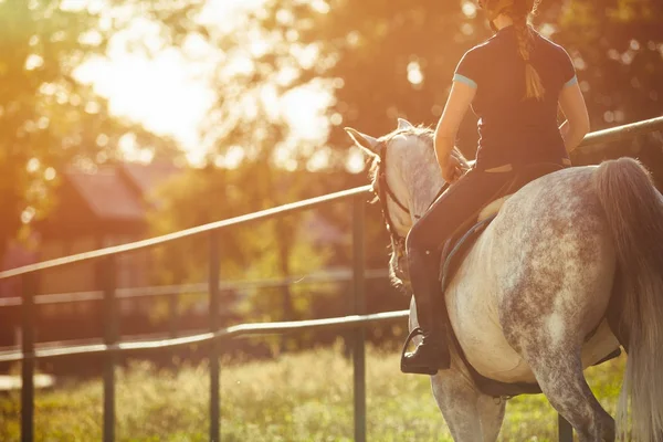 Mulher montando um cavalo no paddock, cavalo mulher esporte desgaste — Fotografia de Stock