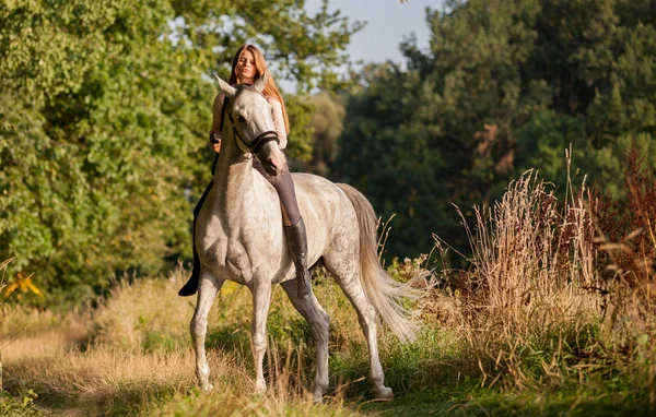 Woman riding a horse through forest along country road — Stock Photo, Image