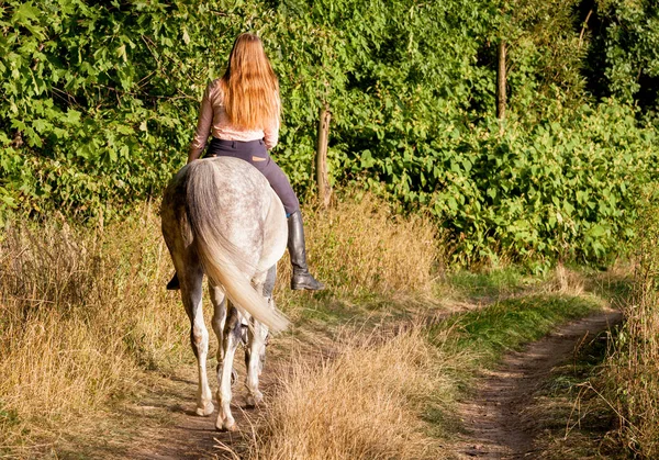Woman riding a horse through forest along country road — Stock Photo, Image