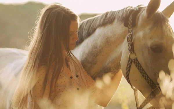 Kobieta z koniem na zachód, jesień sceny — Zdjęcie stockowe
