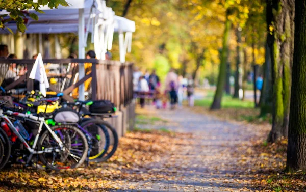 Rozmazané pozadí podzimní park alej s kola a lidé — Stock fotografie