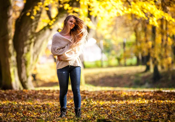 Geniet van de herfst gelukkig vrouw op de daling van de kleurrijke achtergrond — Stockfoto