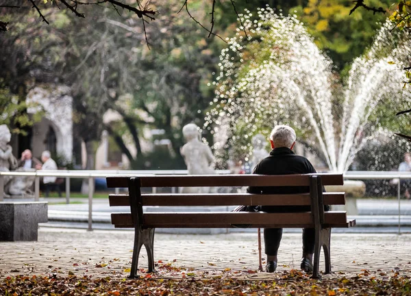 Depressed and sad old woman sitting alone on bench in park