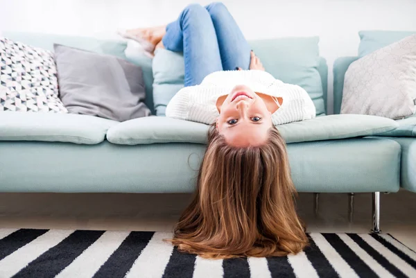 Happy Young Woman Relaxing Lying Sofa Home — Stock Photo, Image