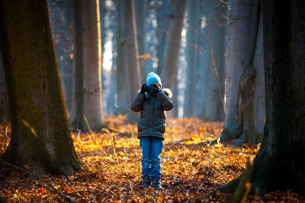 Niño usando cámara digital tomando fotos en la naturaleza, concepto hobby — Foto de Stock