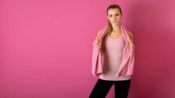 Fit Woman Workout Towel Her Shoulders Pink Background Stock Photo