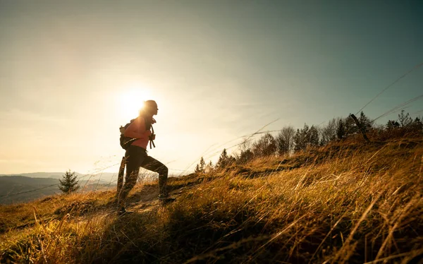 Пішохідна Молода Жінка Рюкзаком Піднімається Вершину Гори Пейзажному Фоні Гір — стокове фото
