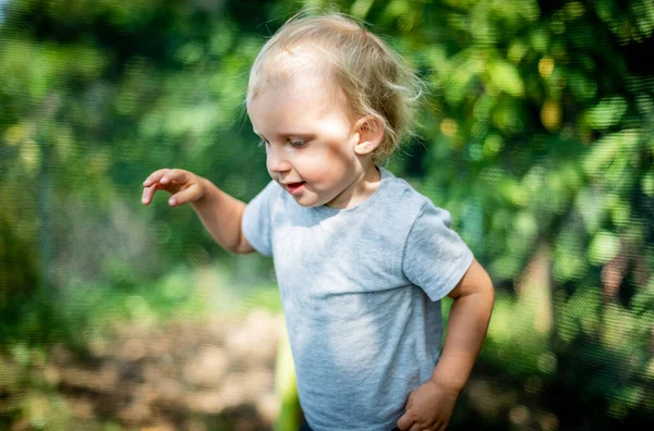 Маленький Ребенок Играет Прыгает Батуте Открытом Воздухе Дворе — стоковое фото