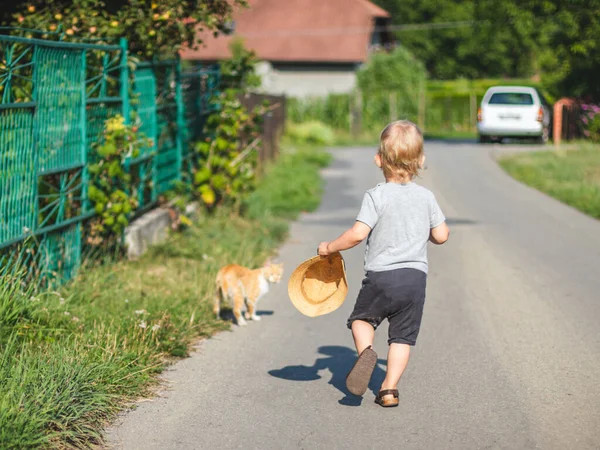 Niño Con Gato Caminando Juntos Camino Cerca Casa — Foto de Stock