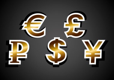 Para birimi simgelerini: Euro, dolar, Rublesi, pound, yen. Soyut vect