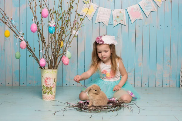 Pequeña hermana hermosa y encantadora chica junto con el conejo sentado en el suelo o silla en ropa azul brillante Pascua, huevos, humor festivo, emoción y sonrisa fiesta sorpresa celebración —  Fotos de Stock
