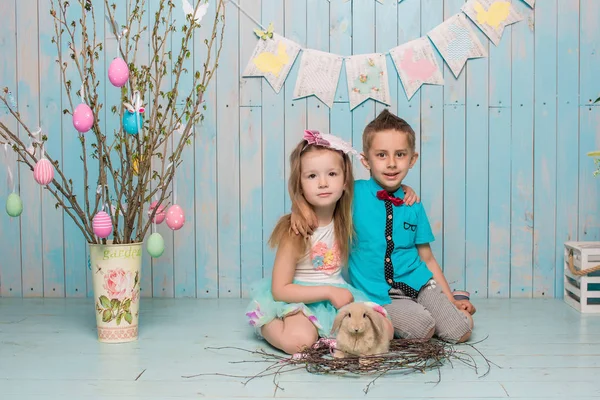 Dos niños pequeños, niño, niña, hermano y hermana junto con el conejo sentado en el suelo en ropa azul brillante Pascua, huevos, humor festivo, emoción y sonrisa fiesta sorpresa celebración —  Fotos de Stock