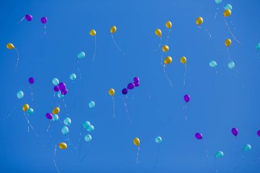 Çok renkli balonlar mavi gökyüzünde yüzen grubu