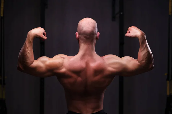 Young healthy bald ripped man with big muscles posing in gym, vi