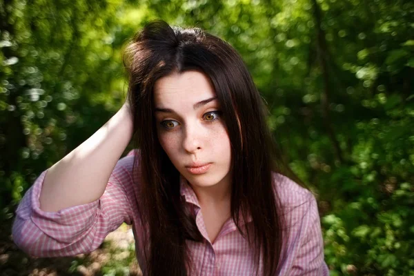 Portrait of attractive young pensive perplexed woman face close — Stock Photo, Image