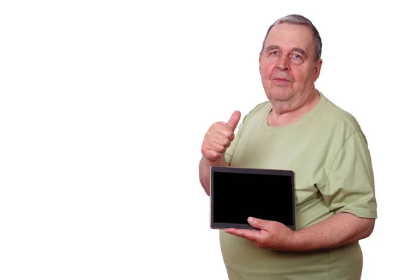 Портрет пожилого человека удовлетворен улыбающимся мужчиной с планшетом и — стоковое фото