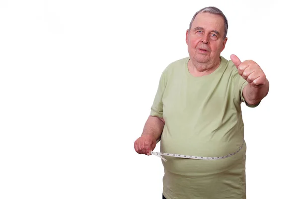 Portrait of old overweight man with measuring tape around waist. — Stock Photo, Image