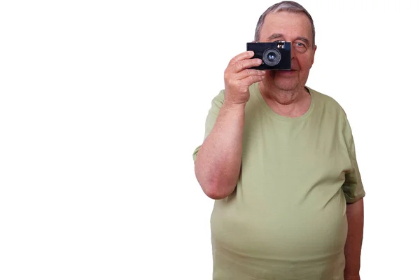 Old man satisfied man taking picture with retro film camera, iso — Stock Photo, Image