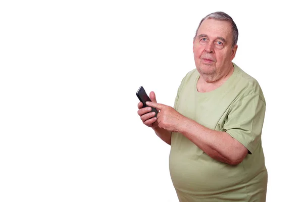 Portrait of old man using mobile phone, isolated.Simple and appr — Stock Photo, Image