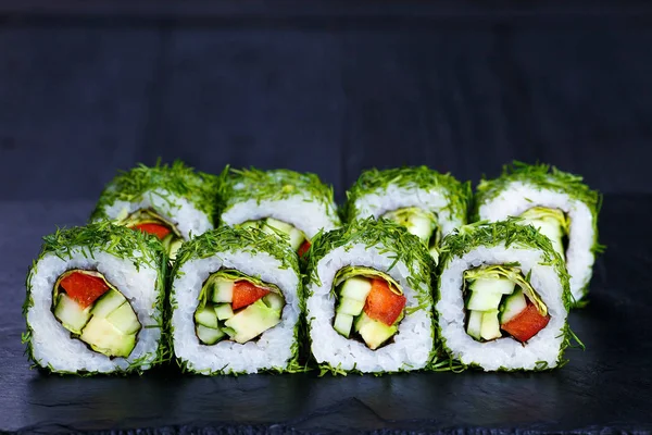 Vegetarian sushi menu. Rolls with cucumber, avocado and tomato