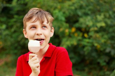Mutlu boy gülümseyerek dondurma yeme keyfini çıkarın. Çocukluk, Aile ve insan kavramı