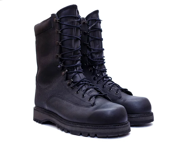 Pair of black military style leather boots, isolated — Stock Photo, Image