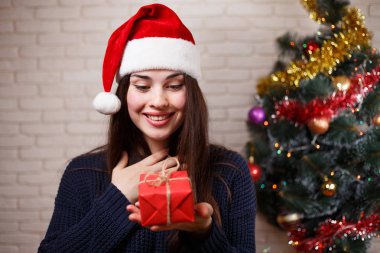 Genç sevimli sürpriz Noel Baba şapkalı bir sunu için mutlu bir kadındır