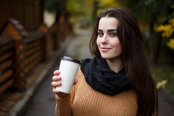 Young pretty smiling woman wearing knitted sweater walking in th — Stock Photo, Image