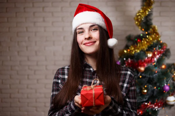 Young cute woman in Santa cap holding a gift box on christmas tr — Stock Photo, Image