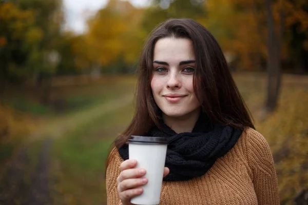 Young woman wearing knitted sweater walking in the autumn park a — Stock Photo, Image