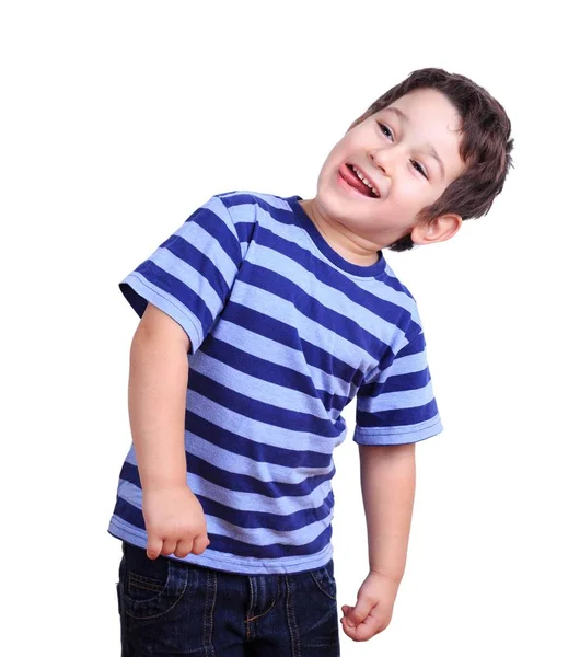 Roztomilý zlobivý chlapec usměvavý a šklebící se, zobrazující jazyk, izolované — Stock fotografie