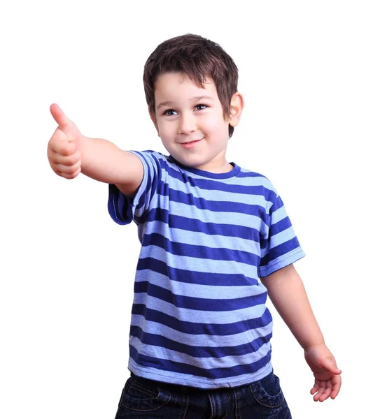 Schattige gelukkige jongen weergegeven: duim omhoog, geïsoleerde op wit. Emoties, fe — Stockfoto