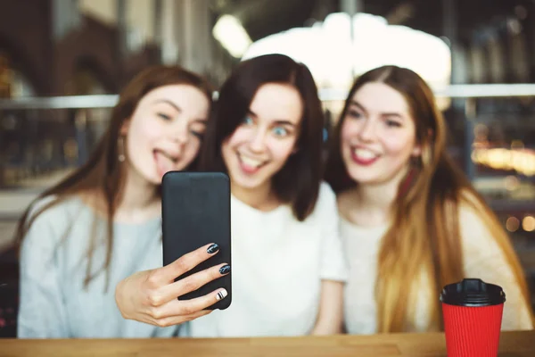 Mulheres sorridentes bonitos tomar selfie juntos — Fotografia de Stock