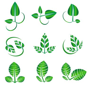 Vektör editable soyut yeşil parlak yaprakları simgeler, ekoloji, doğal, organik, biyoloji sembolü logo simgeleri
