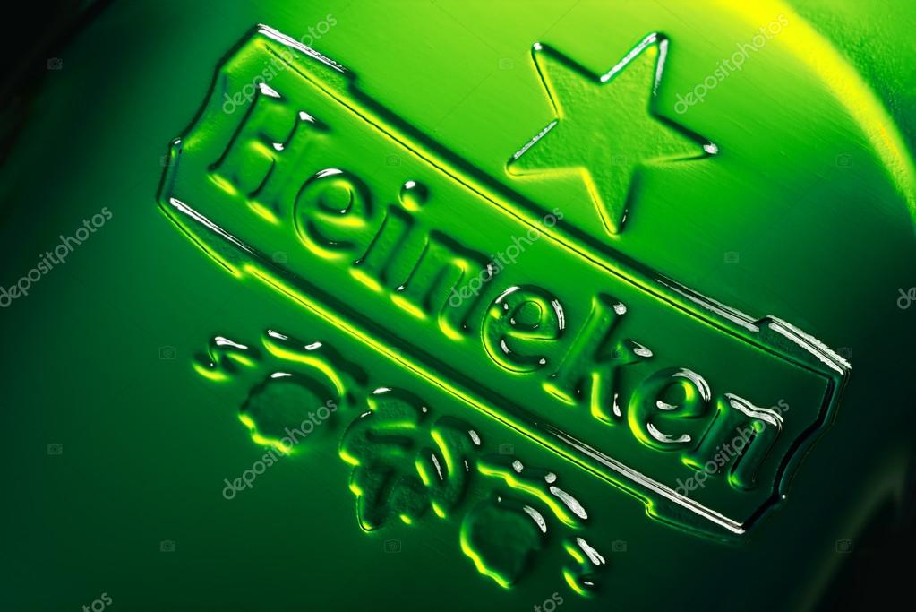 Brest, Belarus - October 15 2016:  Logo of the brand Heineken on the green beer bottle. Macro shot