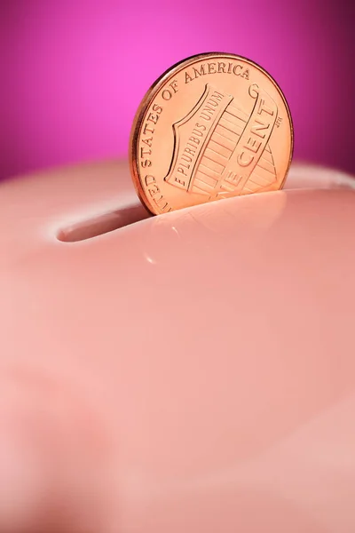 Penny on the piggy bank — Stock Photo, Image