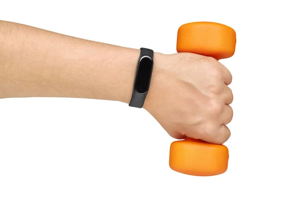Hand met fitness of activiteit tracker met halter geïsoleerd — Stockfoto
