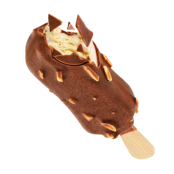 Ice cream popsicle with chocolate coating and almond isolated — Stock Photo, Image